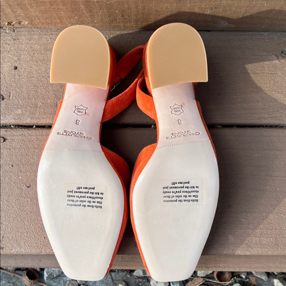 Charlotte Stone Bright Orange Suede Square-Toe Slingbacks - Picture 5 of 6